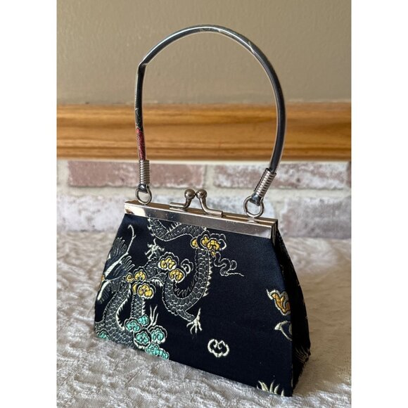Mini Tiny Vintage Black Satin Brocade Evening Purse Metal Handle & Clasp Closure - Picture 1 of 16